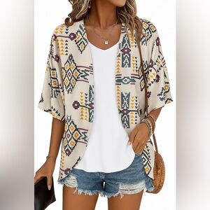Aztec Geometric Kimono Cardigan Boho Open Front Lightweight Top